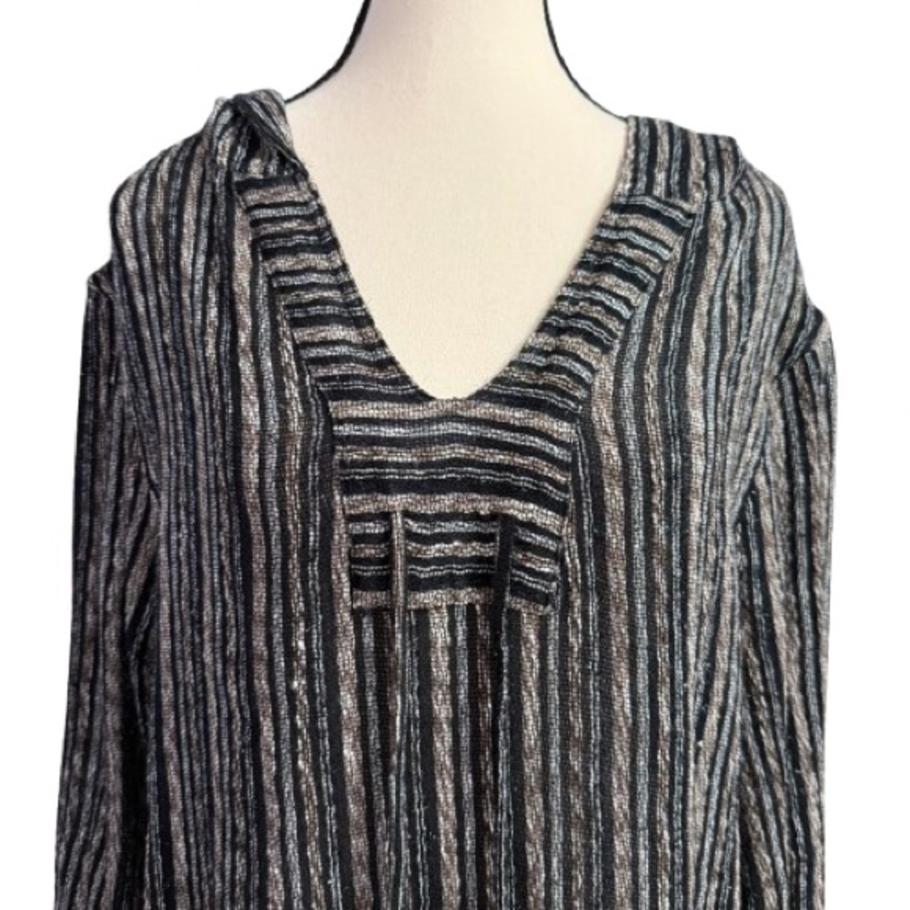 Vena Cava Women’s Black Striped Boho Baja Hooded Pullover V-Neck Sweater Size 6 - Picture 5 of 8